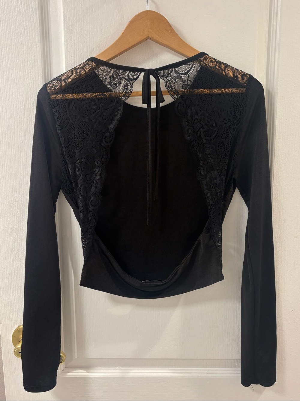 Sexy Open-Back Tie-Back Lace Detail Dark Brown Black Long-Sleeve Top Party Club